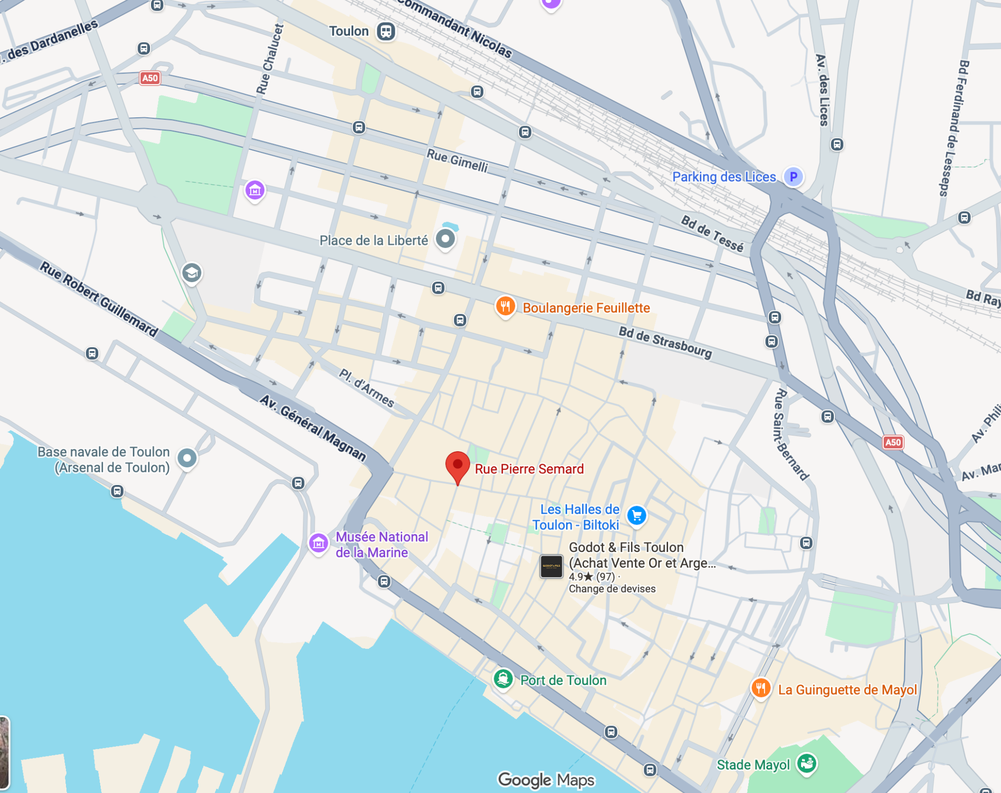 Carte situant Le Duplex de l'Équerre rue Pierre-Sémard à Toulon, près de la gare, du port, du Musée National de la Marine et du Stade Mayol